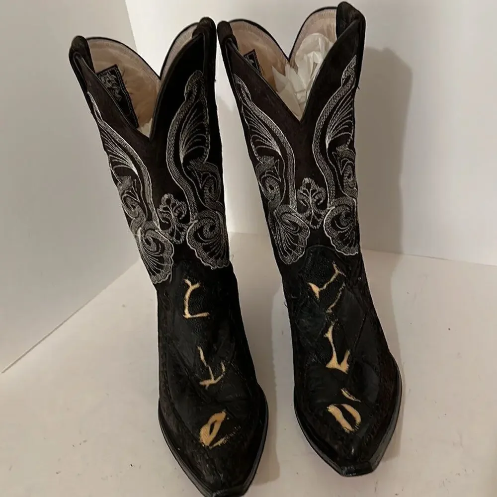 Olvera  Made in Mexico Black Leather Boots With White Butterfly Embroidery 6.5